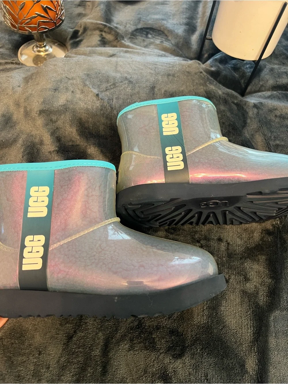 UGG Kids Iridescent Teal-Trim Short Rain Boots